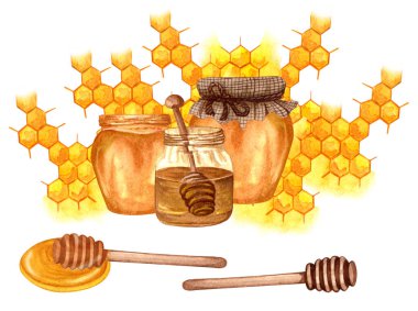 Watercolor fresh honey set with honeycombs, honey dipper, glass jar with honey. Hand drawn organic natural illustration.
