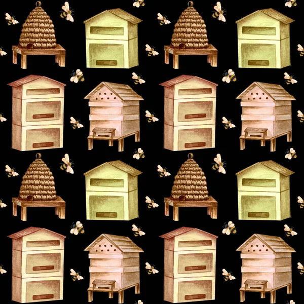 Акварельный Мед Бесшовный Узор Пчелиными Пчелиными Домами Ручной Рисунок Репетена — стоковое фото