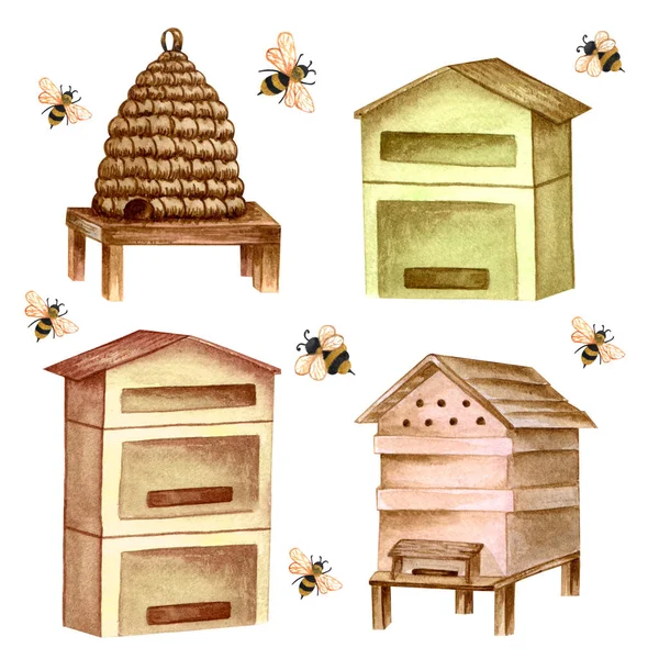 Handpainted Beehives Watercolor Bee Houses Honeybees Set Isolated White Background — Stock Photo, Image