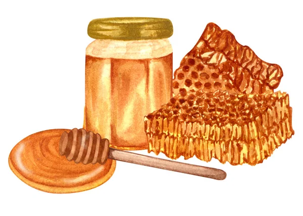 Watercolor fresh honey set with honeycombs, honey dipper, glass jar with honey. Hand drawn organic natural illustration.