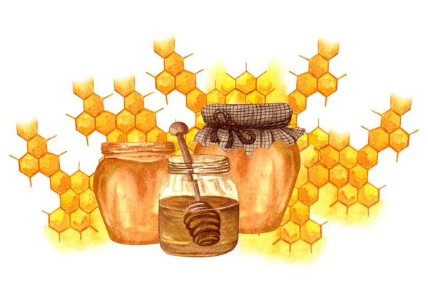 Watercolor Fresh Honey Set Honeycombs Honey Dipper Glass Jar Honey — Stock Photo, Image