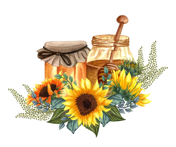 Watercolor healthy honey in glass jars, sunflower flowers and wooden honey dipper. Hand drawn organic food illustration