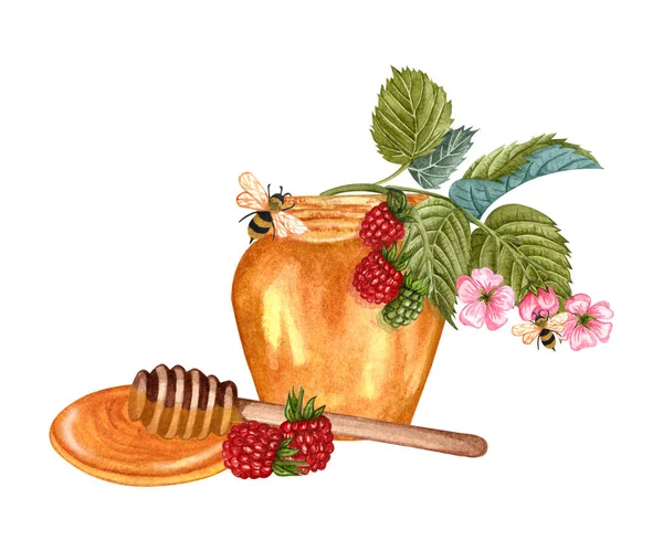 Watercolor Honey Jar Fresh Forest Raspberry Twig Wooden Honey Dipping — 图库照片