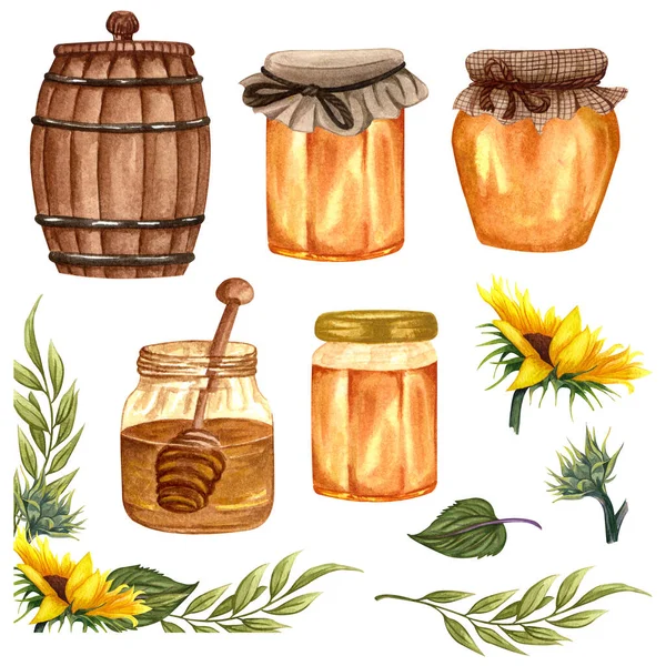 Watercolor healthy honey in glass jars with sunflower flowers. Hand drawn set of organic food, bees, sunflowers wooden honey dipper.