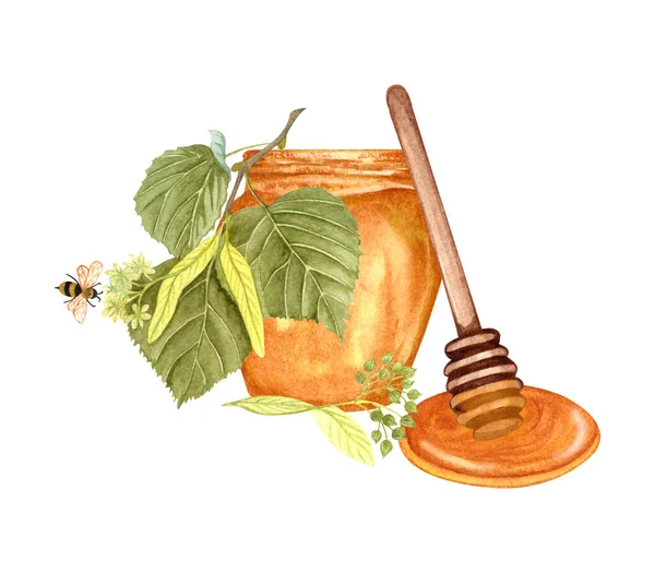 Watercolor Honey Jar Green Linden Twig Wooden Honey Dipping Hand — Stock Fotó