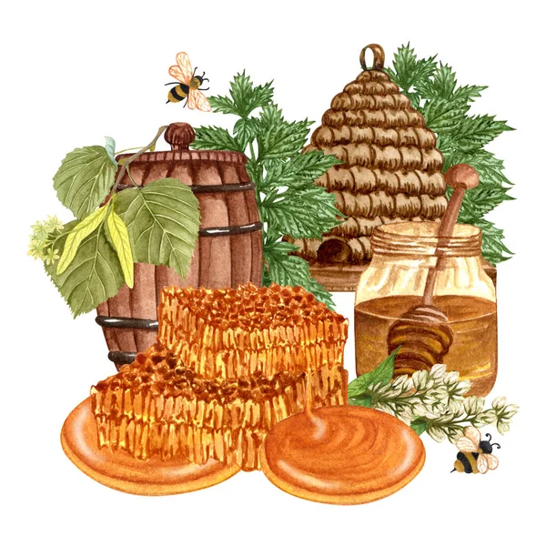 Watercolor Fresh Honey Set Honeycombs Beehave Glass Jar Honey Linden — ストック写真