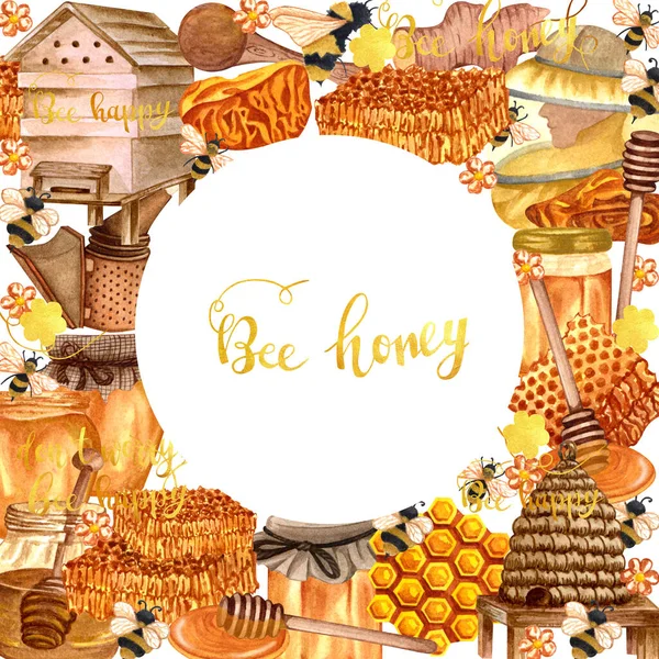 Watercolor Honey Colorful Frame Honeycombs Plants Dipping Bees Honey Pot — 图库照片