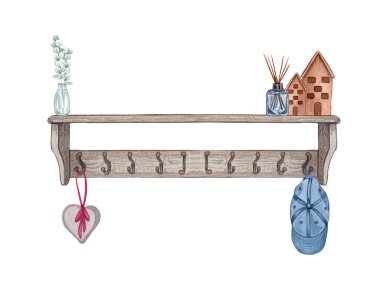 Watercolor Stylish entrance hall interior and home decorations. Family Print. Clothing organization and storage.