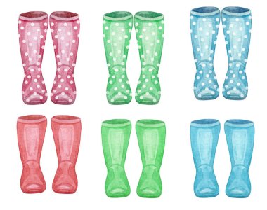 Watercolor wellies collection. rain boots family print. Isolated on white. autumn, fall concept. clipart