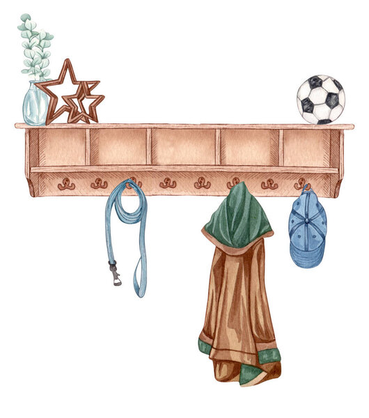 Watercolor Stylish entrance hall interior and home decorations. Family Print. Clothing organization and storage.
