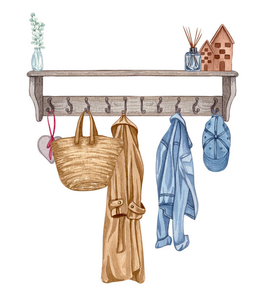 Watercolor Stylish entrance hall interior and home decorations. Family Print. Clothing organization and storage.