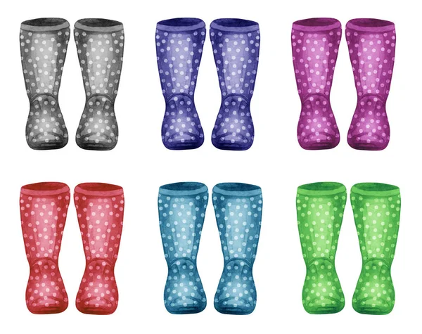 Watercolor Wellies Collection Rain Boots Family Print Isolated White Autumn — Fotografia de Stock