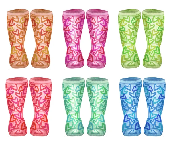 Watercolor Wellies Collection Rain Boots Family Print Isolated White Autumn — Stockfoto