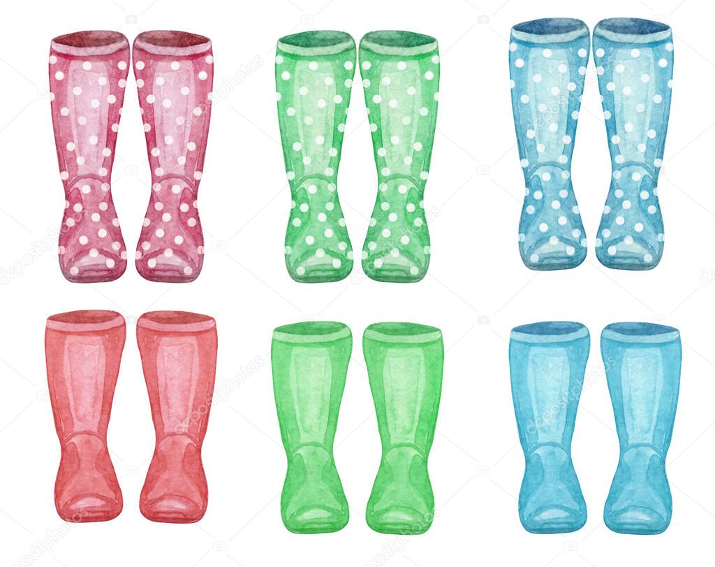 Watercolor wellies collection. rain boots family print. Isolated on white. autumn, fall concept.