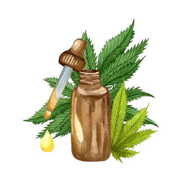 Waterkleur Hennep Olie Witte Achtergrond Met Hand Gedrenkte Cannabis Olie — Stockfoto