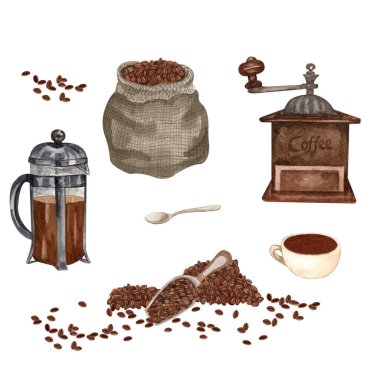Watercolor coffee set. Coffee beans, vintage coffeemaker, candle, cinnamon. Hand drawn coffee elements. Breakfast aesthetics. cards, logo, menu, design