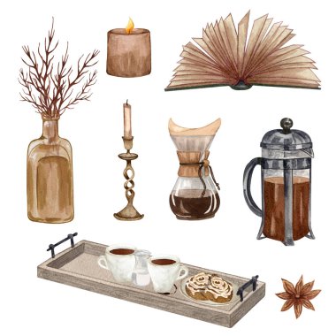 Watercolor coffee set. Coffee beans, vintage coffeemaker, candle, cinnamon. Hand drawn coffee elements. Breakfast aesthetics. cards, logo, menu, design