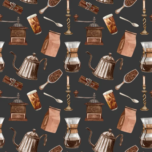 Watercolor coffee seamless pattern. Hand drawn vintage coffee elements and hot beverage on white background. Breackfast backdrop