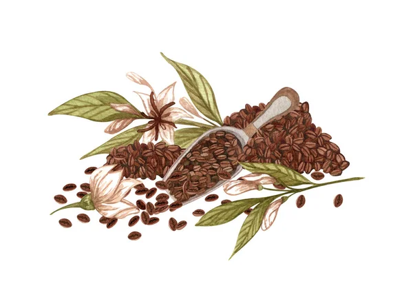Watercolor Illustration Coffee Beans Flowers Hand Drawn Coffee Composition Perfect — Stock Fotó