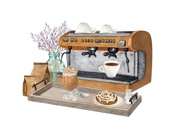 Watercolor Illustration Coffee Machine Cappuccino Cinnamon Bun Espresso Hand Drawn — Stock Photo, Image