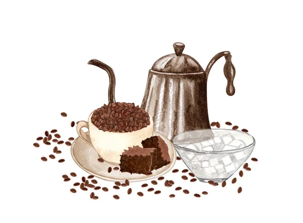 Watercolor Breakfast Illustration Cup Coffee Beans Chocolate Brownies Sugar Bowl — Stock Photo, Image