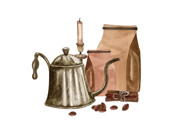 Watercolor Coffee Set Coffee Beans Vintage Coffeemaker Plant Pot Hand — ストック写真