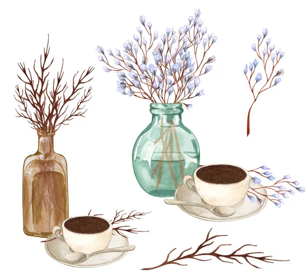 Кілька Квітучих Висушених Гілок Скляній Вазі Чашку Кави Акварельна Ілюстрація — стокове фото