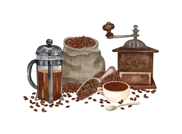 Watercolor Illustration Cup Espresso Coffee Beans Bag Coffeemaker Hand Drawn — Stock Fotó