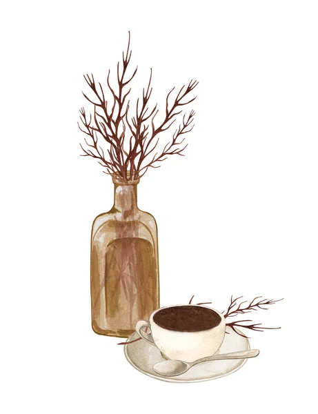 Several Dried Twigs Glass Vase Cup Coffee Watercolor Illustration Morning — Stock Fotó