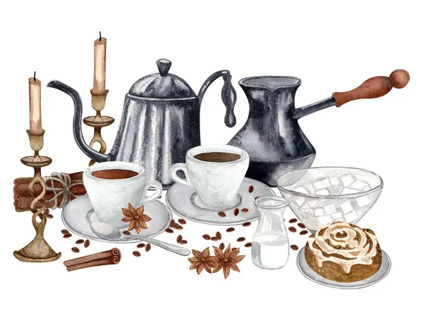 Watercolor Breakfast Illustration Two Cup Espresso Vintage Coffeemaker Tea Pot — Stock Fotó