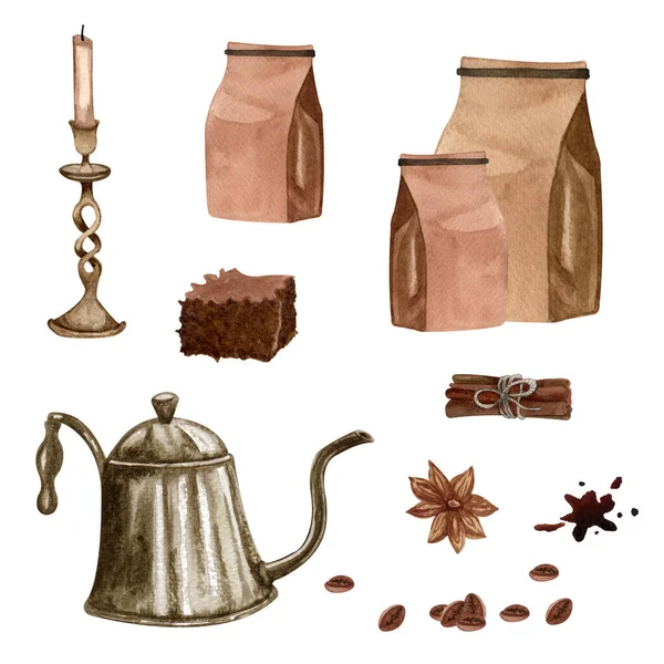 Watercolor coffee set. Coffee beans, vintage coffeemaker, candle, cinnamon. Hand drawn coffee elements. Breakfast aesthetics. cards, logo, menu, design