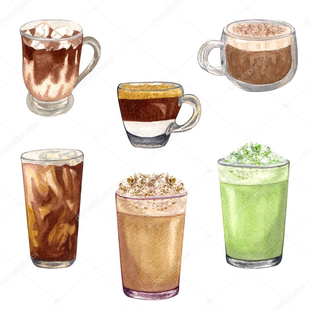 Watercolor coffee set with different hot drinks. latte, espresso, cappuccino, iced coffee, matcha latte, hot chocolate, caramele macciato isolated on white background.