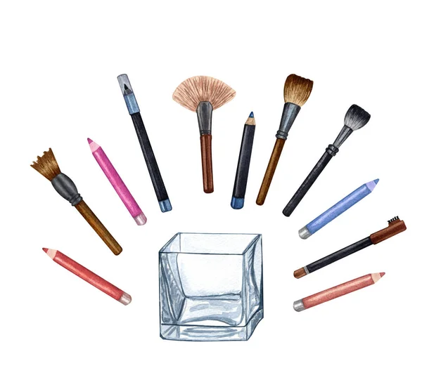 Akvarel Tvoří Produkty Ručně Kreslená Kosmetická Sada Perleťového Prášku Štětce — Stock fotografie