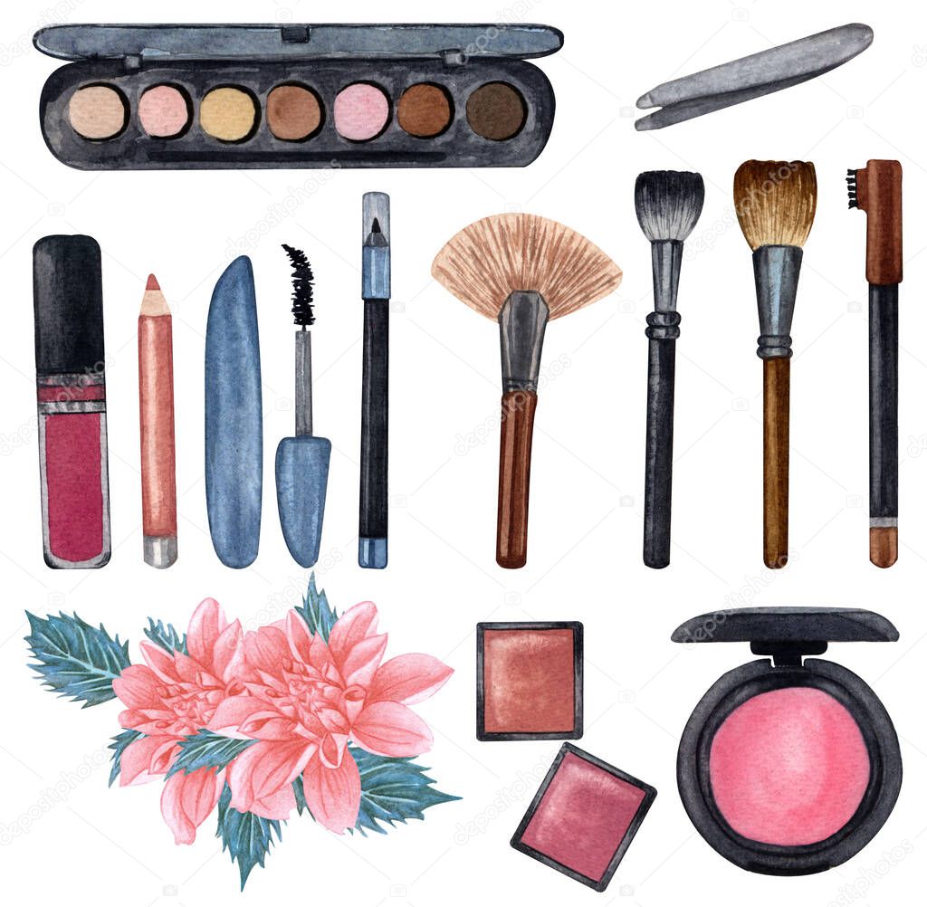 Watercolor make up products. Hand drawn cosmetics set of pearl powder, brushes in a glass holder, powder, texture, palette, mascara, lip stick.