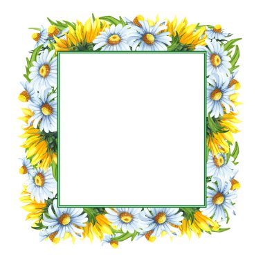 Watercolor floral wreath with sunflowers,chamomiles, leaves, foliage, branches, fern leaves and place for your text. Perfect for wedding invitations, greeting cards. Angled wildflowers frame.