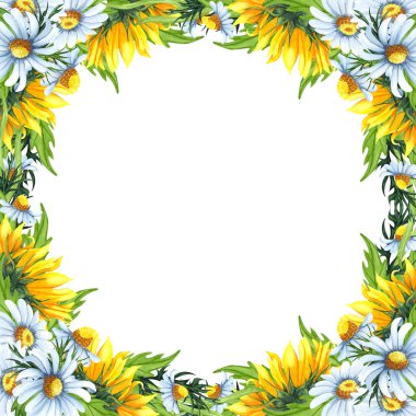 Watercolor floral wreath with sunflowers,chamomiles, leaves, foliage, branches, fern leaves and place for your text. Perfect for wedding invitations, greeting cards. Angled wildflowers frame.