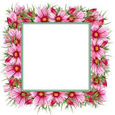 Watercolor floral wreath with cosmos flowers, leaves, foliage, branches, fern leaves and place for your text. Perfect for wedding invitations, greeting cards. Angled wildflowers frame.