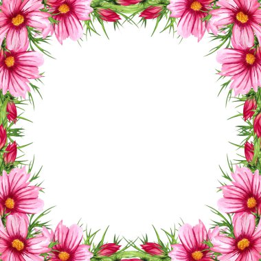 Watercolor floral wreath with cosmos flowers, leaves, foliage, branches, fern leaves and place for your text. Perfect for wedding invitations, greeting cards. Angled wildflowers frame.