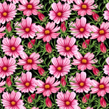 Watercolor wild flowers illustration. Hand Drawn seamless pattern with cosmos flowers and leaves.