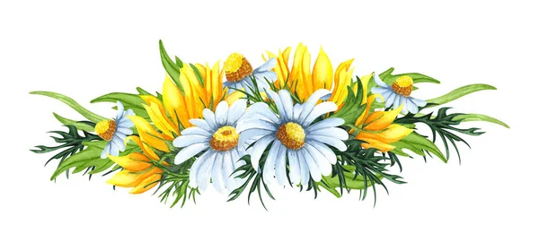 Αδιάβροχο Στεφάνι Λουλουδιών Ηλιοτρόπια Και Χαμομήλι Φύλλα Φύλλωμα Κλαδιά Φύλλα — Φωτογραφία Αρχείου