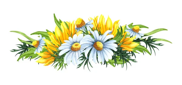 Watercolor Floral Wreath Sunflowers Chamomile Flowers Leaves Foliage Branches Fern — 스톡 사진