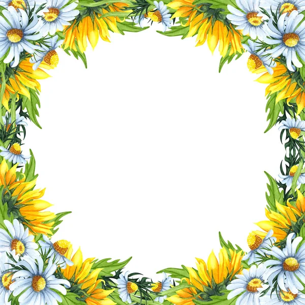 Watercolor Floral Wreath Sunflowers Chamomiles Leaves Foliage Branches Fern Leaves — Stockfoto