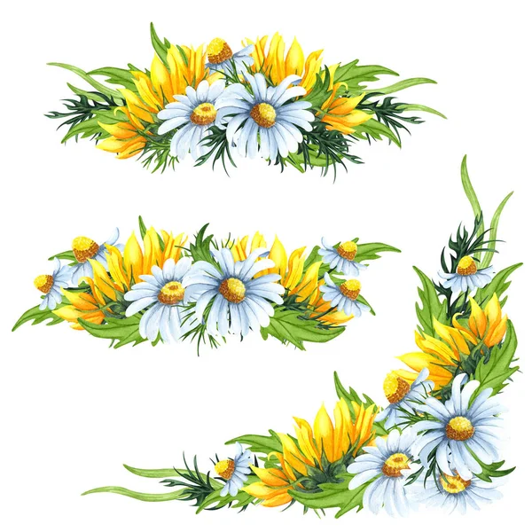 Beautiful Floral Collection Sunflowers Bouquet Chamomile Flowers Leaves Branches Fern — Stock Fotó