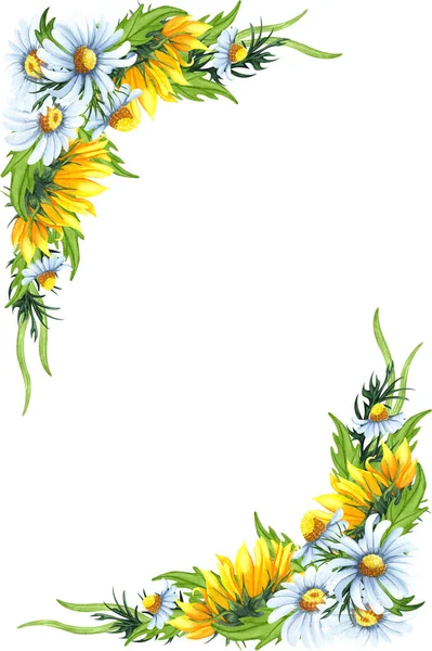 Watercolor Floral Wreath Sunflowers Chamomiles Leaves Foliage Branches Fern Leaves — Stock Photo, Image