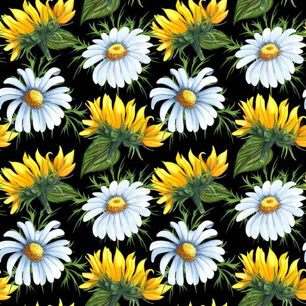 Watercolor Seamless Pattern Sunflowers Chamomile Flowers Hand Drawn Beckground Wildflowers — Stockfoto