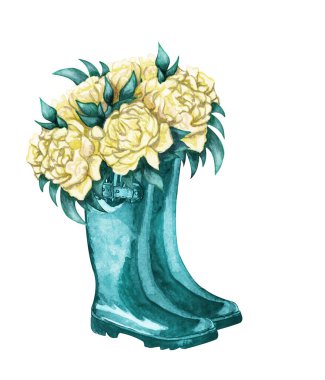 Watercolor wellies with flowers illustration in provence style. Rubber boots. Bouquet of flowers. For printing on postcards, stickers, notepads, textiles, stationery.