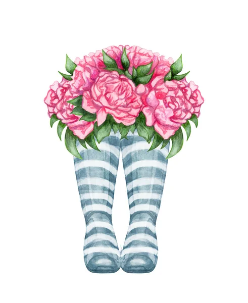 Watercolor Wellies Flowers Illustration Provence Style Rubber Boots Bouquet Flowers — 스톡 사진