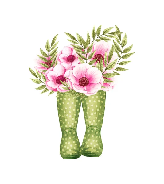 Υδατογραφία Συγκολλήσεις Λουλούδια Εικονογράφηση Στυλ Provence Ελαστικές Μπότες Μπουκέτο Λουλούδια — Φωτογραφία Αρχείου