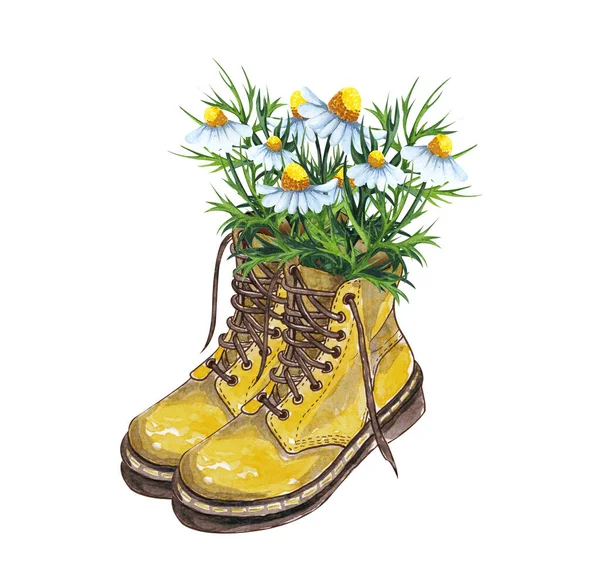 Watercolor Wellies Flowers Illustration Provence Style Rubber Boots Bouquet Flowers — ストック写真