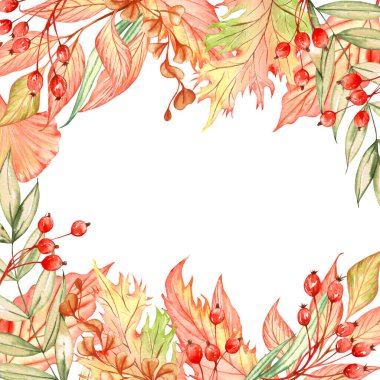 Güzel sonbahar yapraklarıyla süslenmiş suluboya çerçeve. Renk yaşamları ve böğürtlenlerle arka planda düş